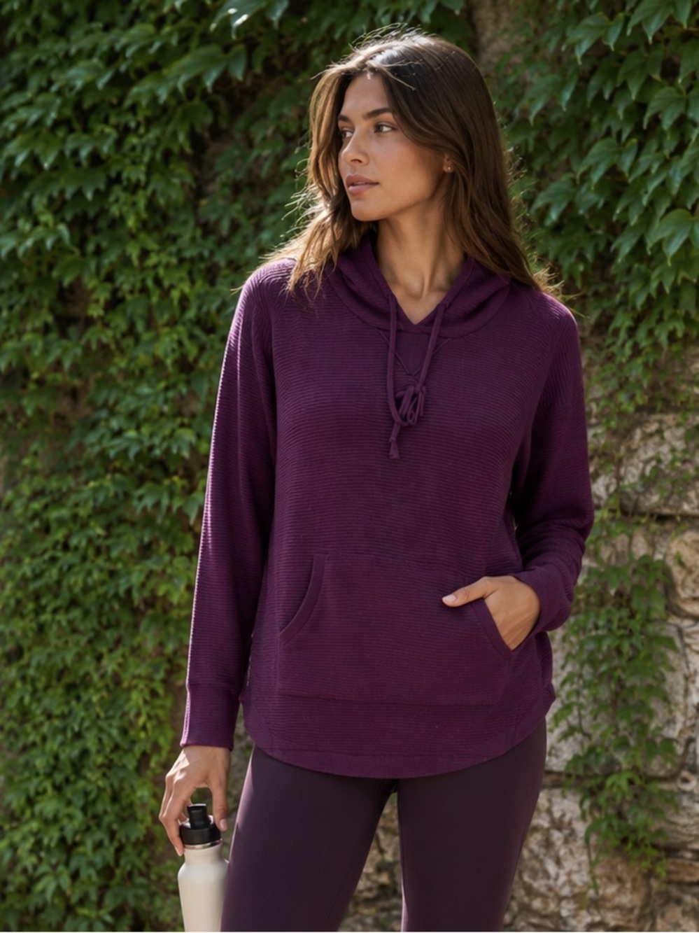ROAMAN'S Athleisure Loungewear Casual Burgundy Rib-Knit Hooded Sweater, 18/20